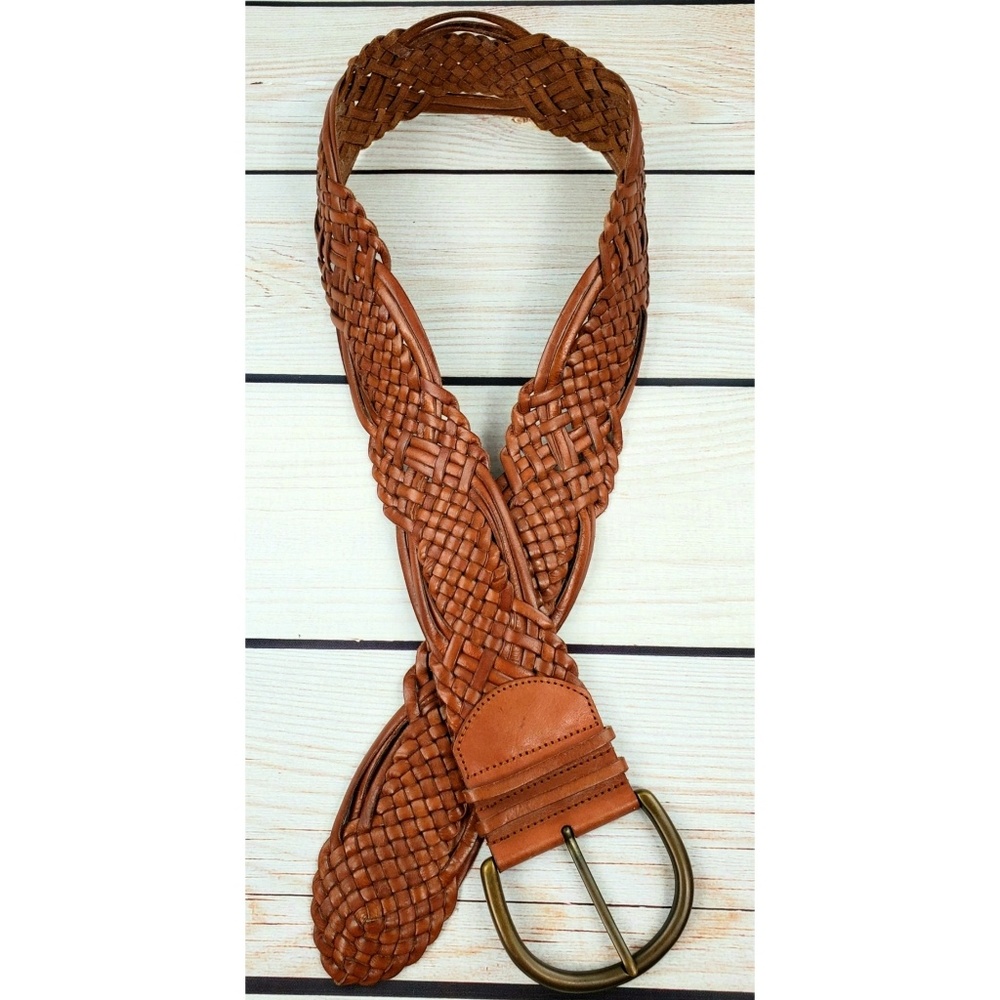 Leather braided long belt tan length 48" width 3"